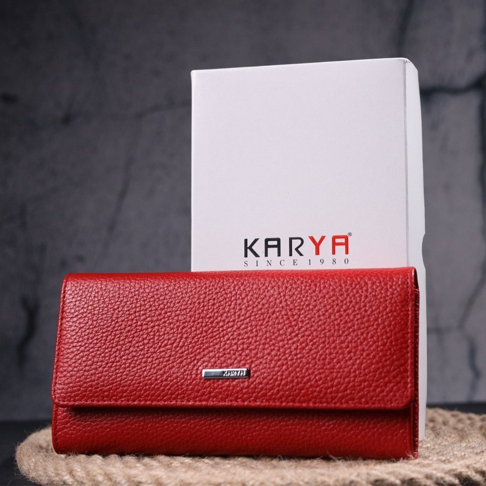 Большой красный женский кошелек из натуральной фактурной кожи с клапаном на кнопке KARYA (2421337)