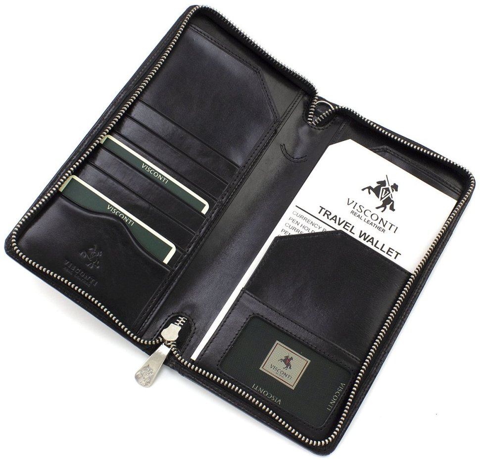 Дорожный кошелек из натуральной кожи черного цвета с ремешком на запястье Visconti 68935