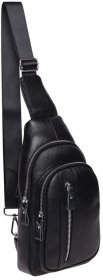 Вместительный мужской кожаный рюкзак-слинг через плечо в черном цвете Keizer (19323)