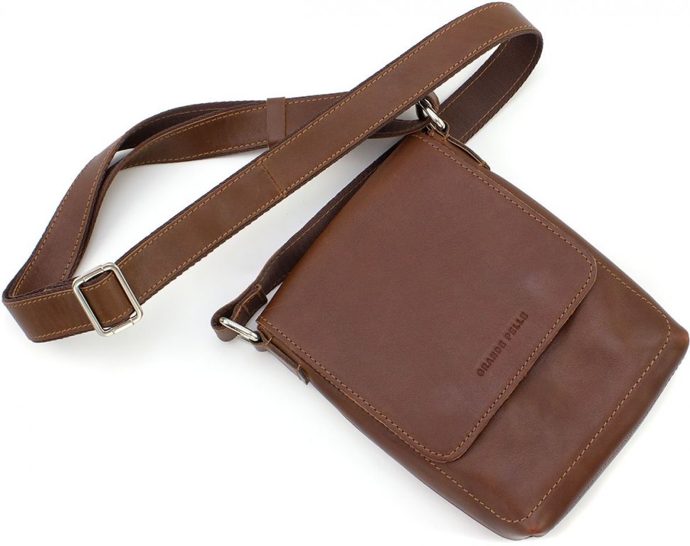 Кожаная мужская коричневая сумка через плечо высокого качества Grande Pelle (10423)