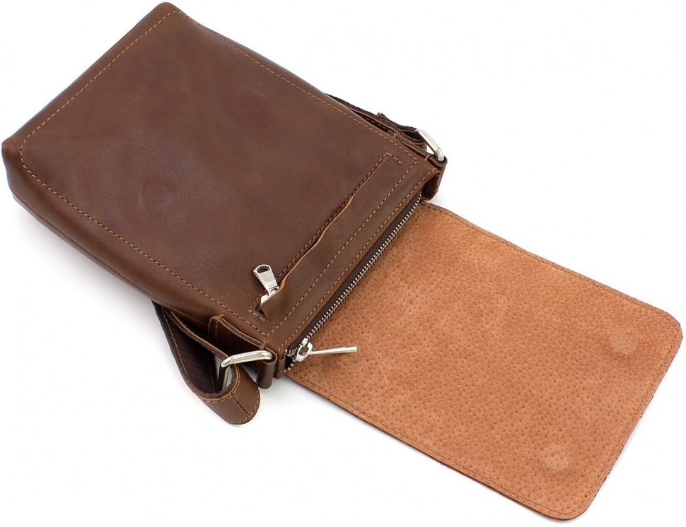 Кожаная мужская коричневая сумка через плечо высокого качества Grande Pelle (10423)