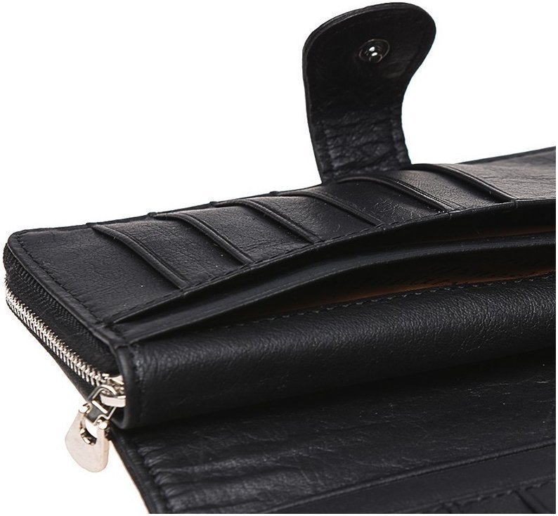 Большой женский кожаный кошелек черного цвета с монетницей Horse Imperial 66238