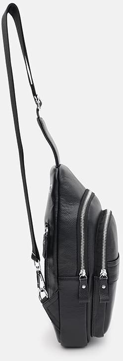 Вместительный мужской рюкзак-слинг из черной кожи через плечо Keizer (59138)