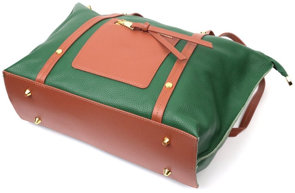 Большая зеленая женская сумка из натуральной кожи с длинными ручками Vintage 2422302