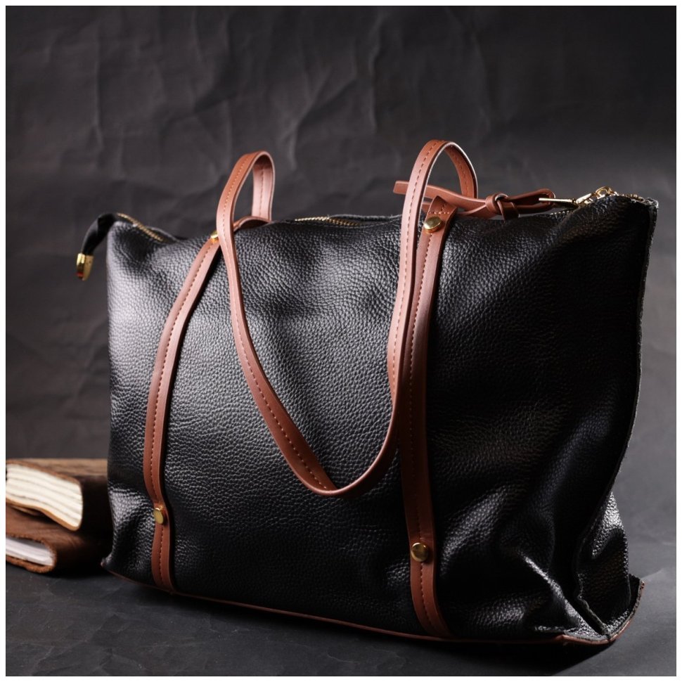 Кожаная женская сумка черного цвета с двумя ручками Vintage 2422303