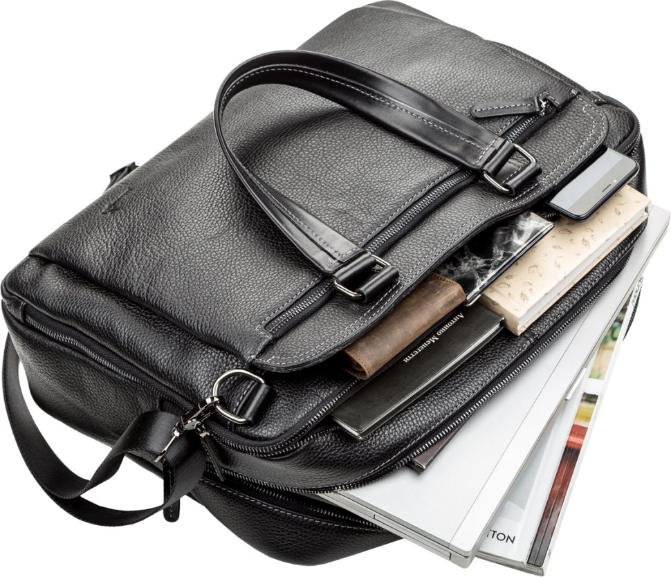 Солидная мужская сумка-портфель на два отдела из натуральной кожи черного цвета SHVIGEL (11123)