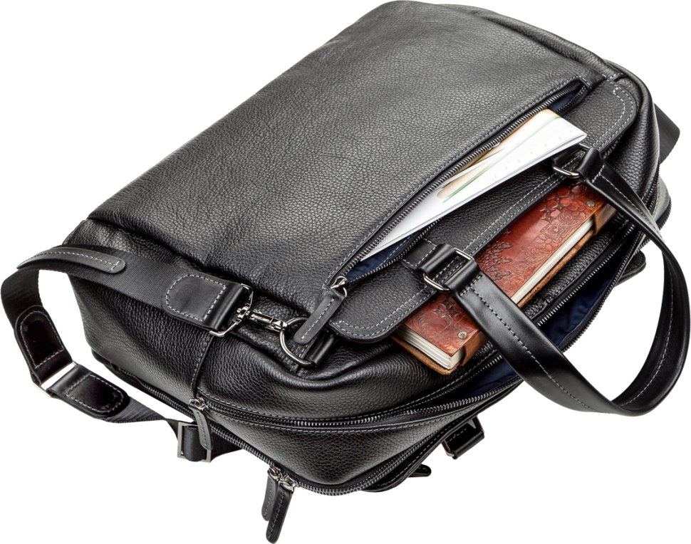 Солидная мужская сумка-портфель на два отдела из натуральной кожи черного цвета SHVIGEL (11123)