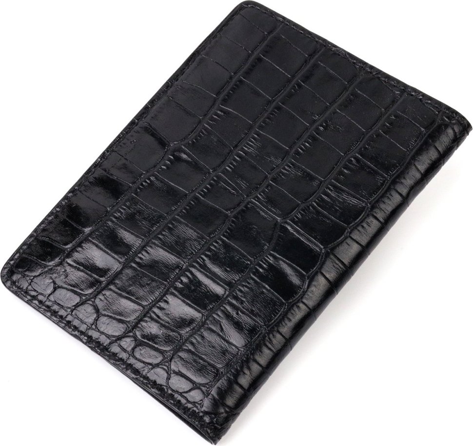 Классическая черная обложка на паспорт из натуральной кожи под крокодила KARYA (2420927)