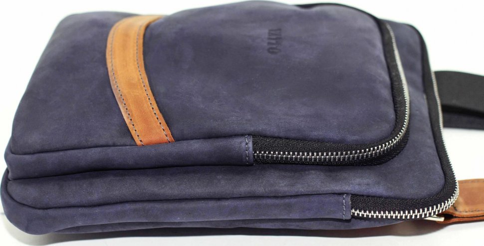 Сумка планшет из винтажной кожи Крейзи синяя с рыжими вставками VATTO (11882)