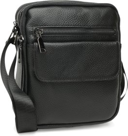 Класична чоловіча сумка на плече із натуральної шкіри чорного кольору на дві блискавки Keizer (21334)