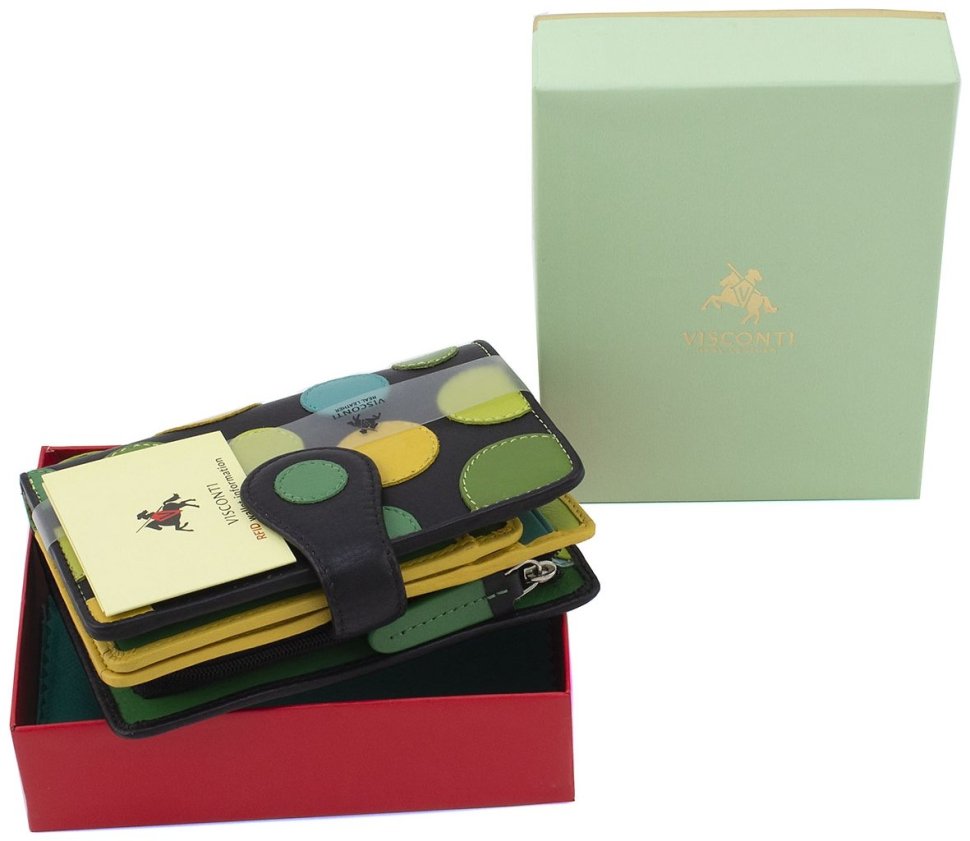 Черный кожаный женский кошелек среднего размера с разноцветным горошком Visconti 68842
