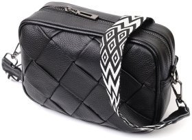 Женская сумка-кроссбоди из натуральной кожи черного цвета под плетенку Vintage 2422406