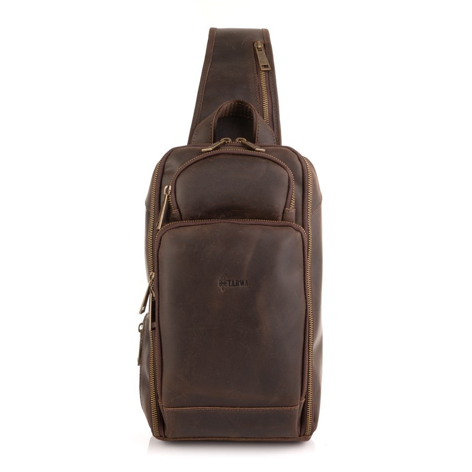 Кожаный слинг-рюкзак на одно плечо из коричневой кожи TARWA (19859)