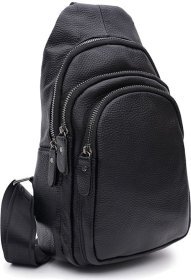 Вместительный мужской кожаный рюкзак-слинг черного цвета Keizer (56044)
