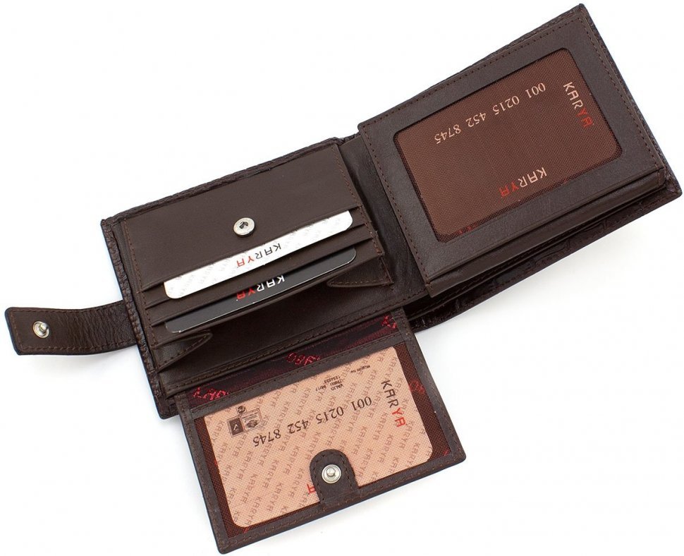 Классический мужской кошелек из кожи коричневого цвета с блоком под документы KARYA (15534)