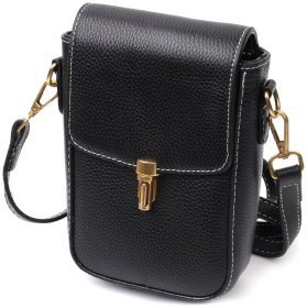 Вертикальная женская сумка из натуральной кожи черного цвета с белой строчкой Vintage 2422308