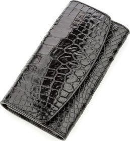 Глянцевый кошелек-клатч черного цвета из фактупной кожи крокодила CROCODILE LEATHER (024-18572)
