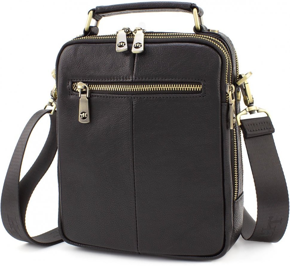 Мужская сумка-барсетка из натуральной черной кожи кожи с золотистой фурнитурой – H.T Leather (10227)