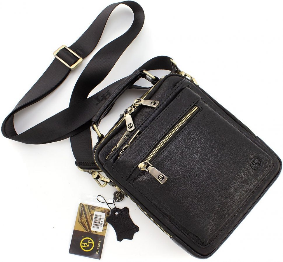 Мужская сумка-барсетка из натуральной черной кожи кожи с золотистой фурнитурой – H.T Leather (10227)