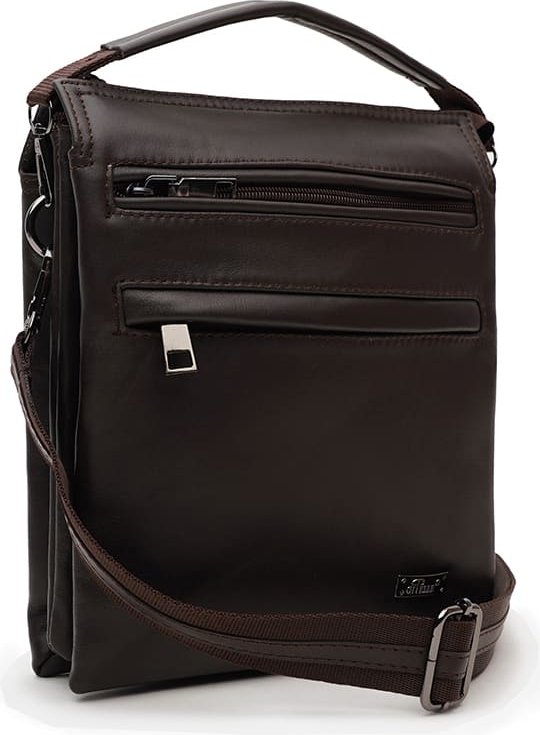 Коричневая мужская сумка-барсетка из гладкой кожи с ручкой и плечевым ремнем Ricco Grande (21388)