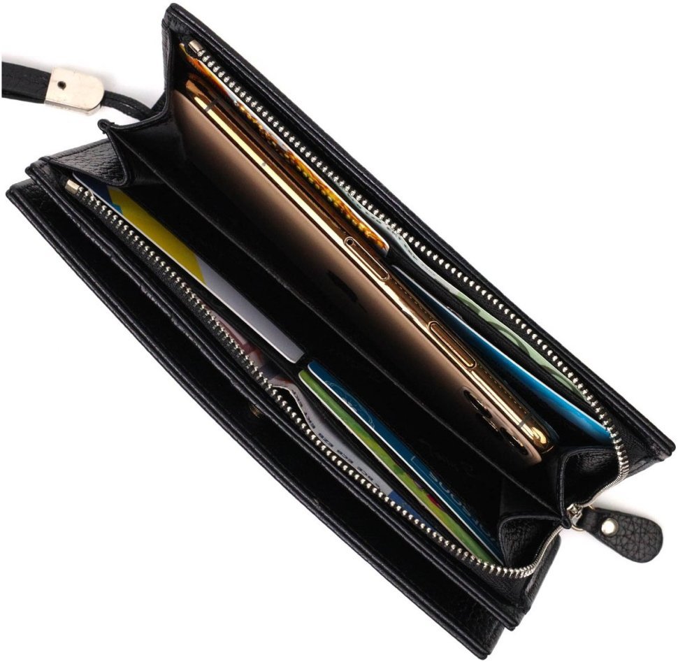 Практичный женский кошелек-клатч из натуральной кожи черного цвета с блоком для кредитных карт Tony Bellucci (2422033)