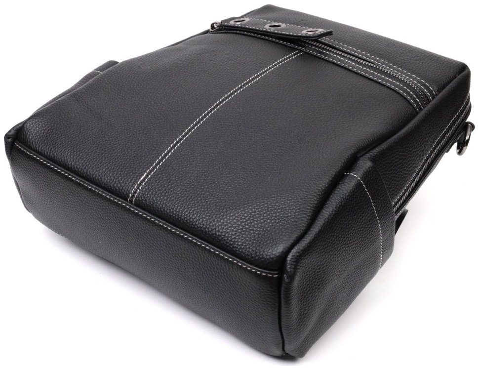 Черный женский рюкзак-сумка из натуральной кожи с белой строчкой Vintage 2422314