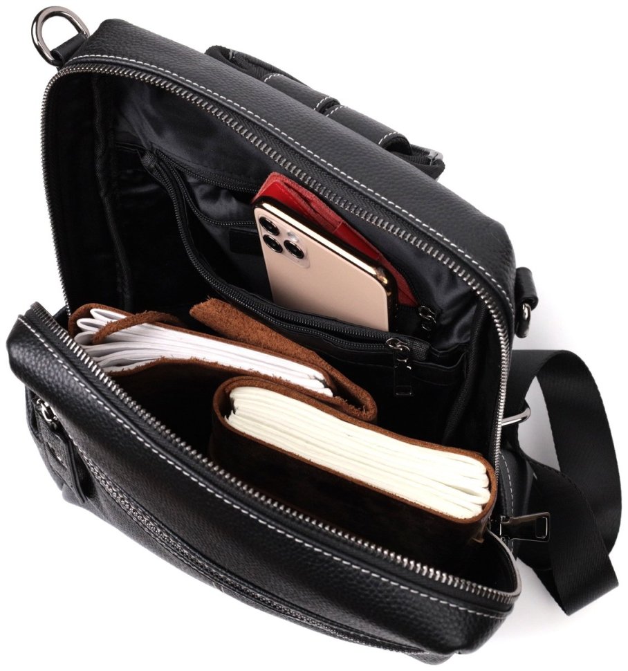 Черный женский рюкзак-сумка из натуральной кожи с белой строчкой Vintage 2422314