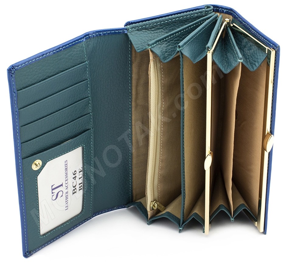 Женский красивый кожаный кошелек лакового синего цвета (вмещает много карточек) ST Leather (17496)