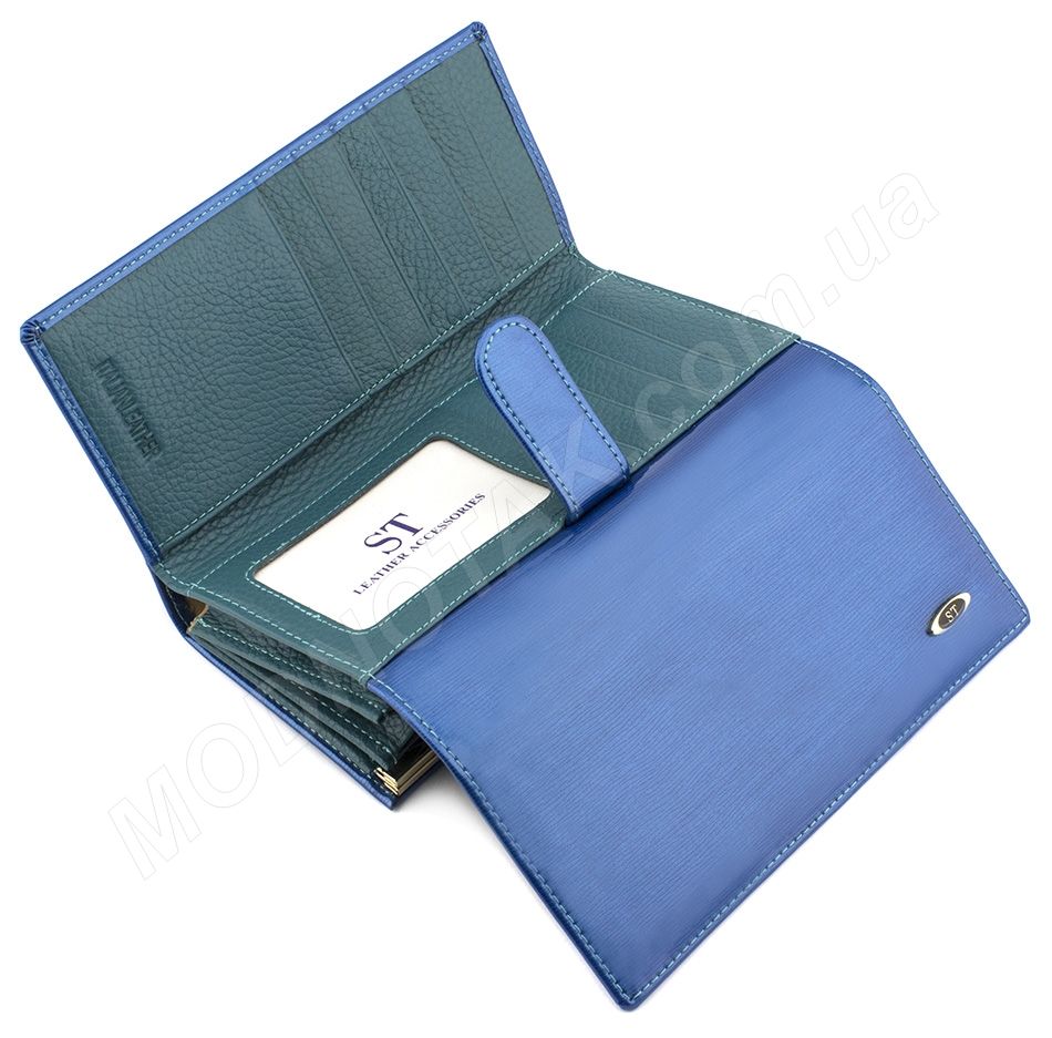 Женский красивый кожаный кошелек лакового синего цвета (вмещает много карточек) ST Leather (17496)