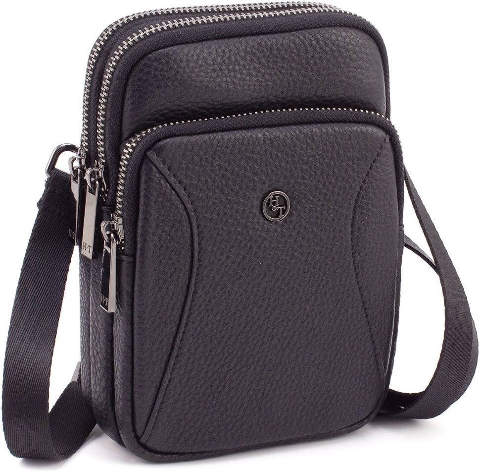Маленькая мужская сумка на пояс из натуральной кожи черного цвета H.T Leather 67751