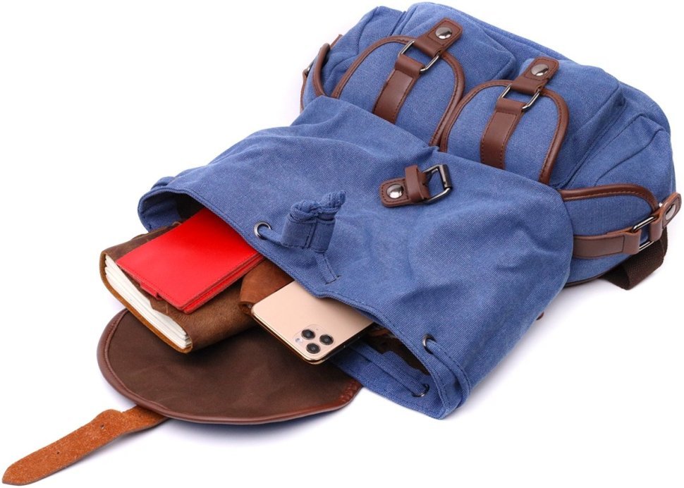 Большой текстильный рюкзак синего цвета с клапаном на магните Vintage 2422154