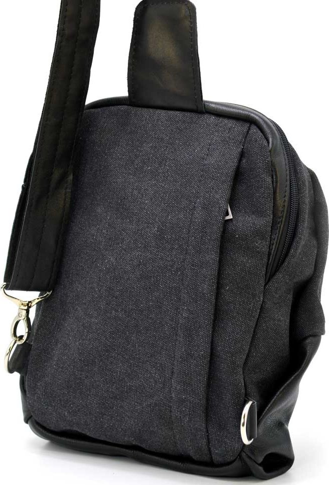 Мужской рюкзак-слинг на одно плечо из натуральной кожи и текстиля в коричнево-синем цвете TARWA (21690)