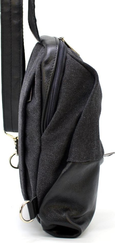 Мужской рюкзак-слинг на одно плечо из натуральной кожи и текстиля в коричнево-синем цвете TARWA (21690)