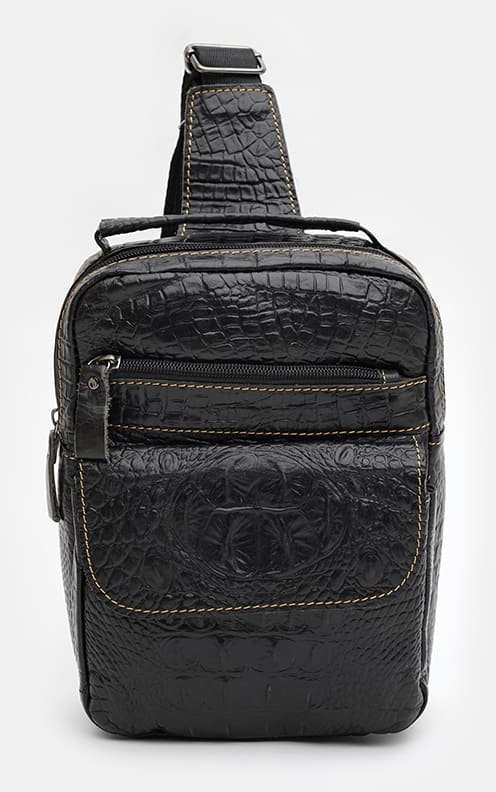 Мужская кожаная сумка-рюкзак через плечо черного цвета с тиснением под крокодила Keizer (22082)