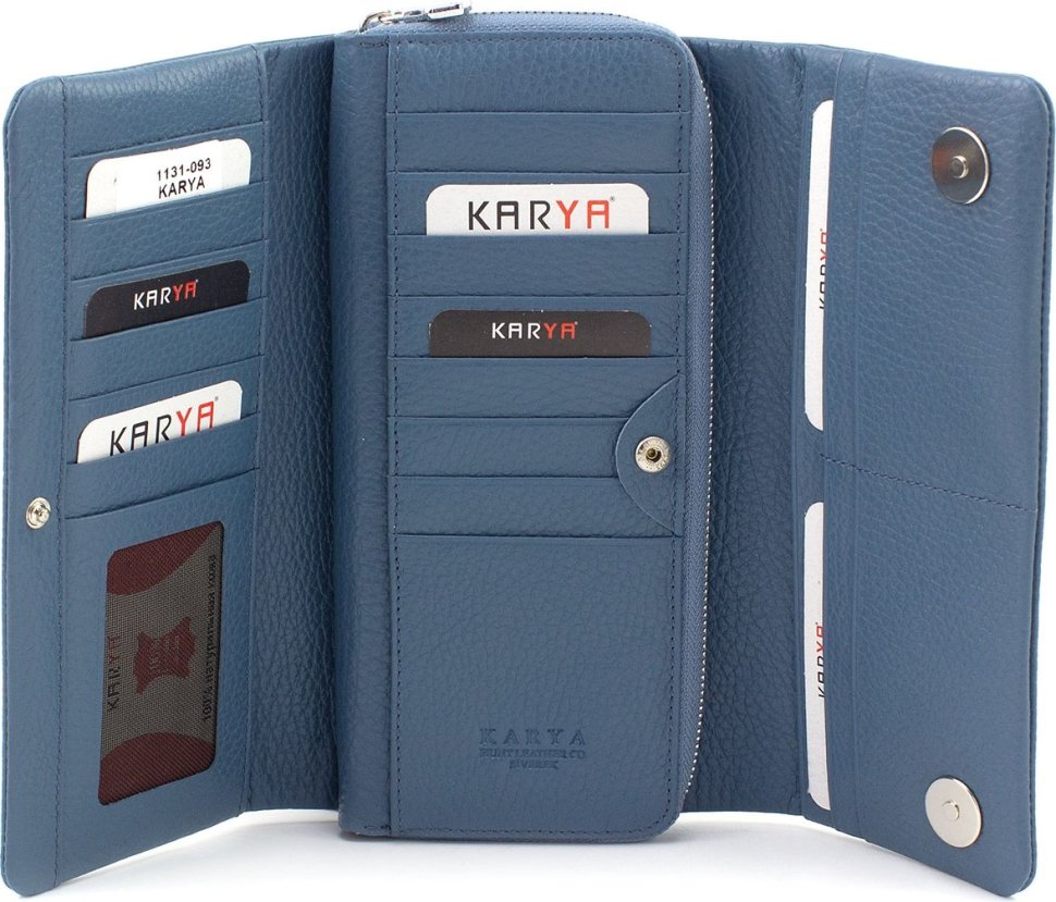 Голубой женский кошелек из натуральной кожи флотар с блоком под карты KARYA (55853)