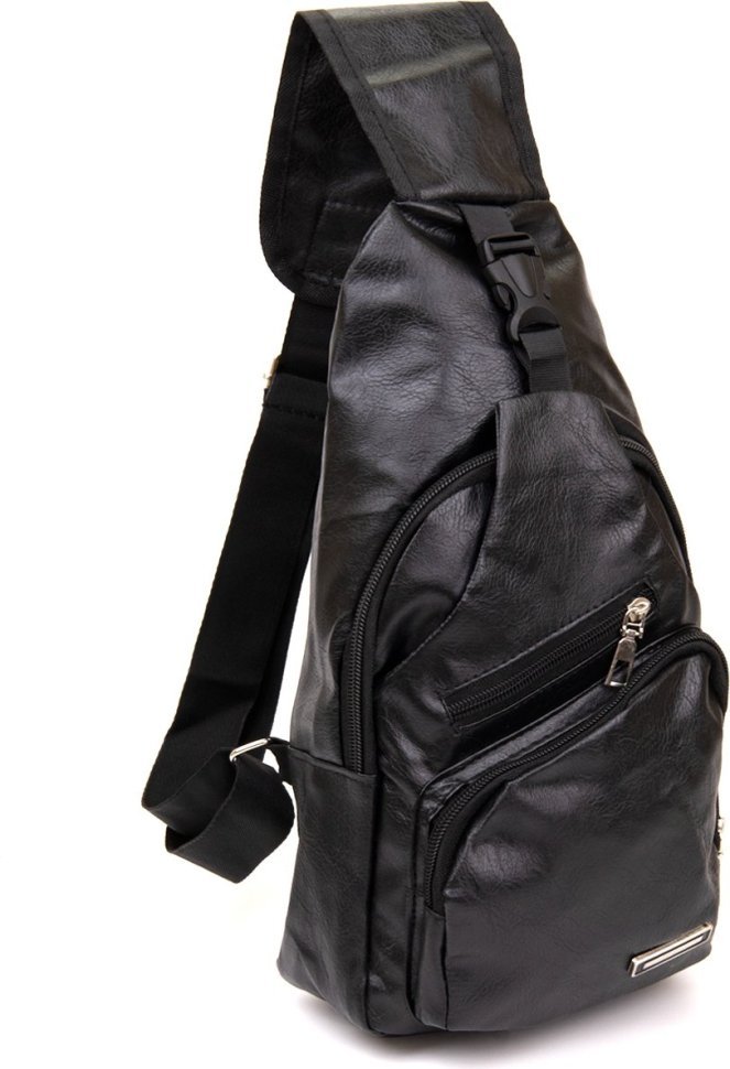 Чоловіча сумка-рюкзак через плече зі шкірозамінника в чорному кольорі Vintage (20568)
