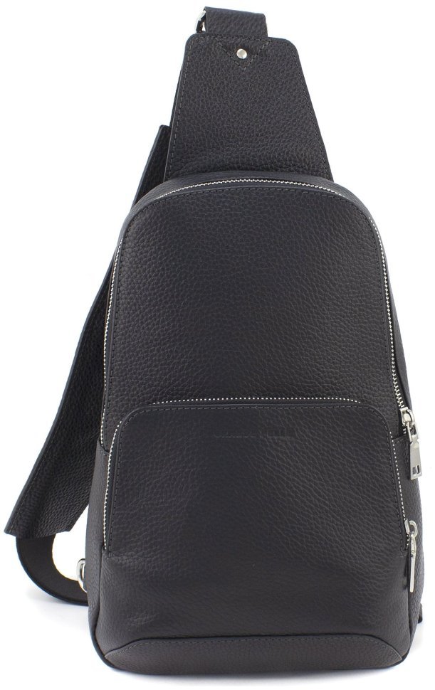 Черная мужская сумка-слинг из итальянской кожи с выраженной фактурой Grande Pelle 70756