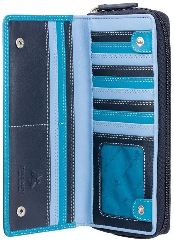 Большой женский кошелек из натуральной кожи синего цвета на молнии c RFID - Visconti Honolulu 68756