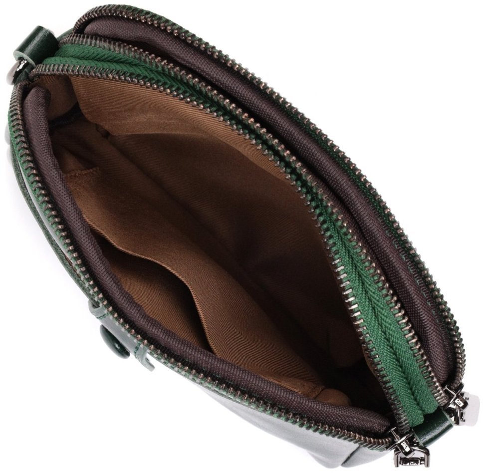 Небольшая женская сумка-кроссбоди из натуральной кожи зеленого цвета на две молнии Vintage 2422420