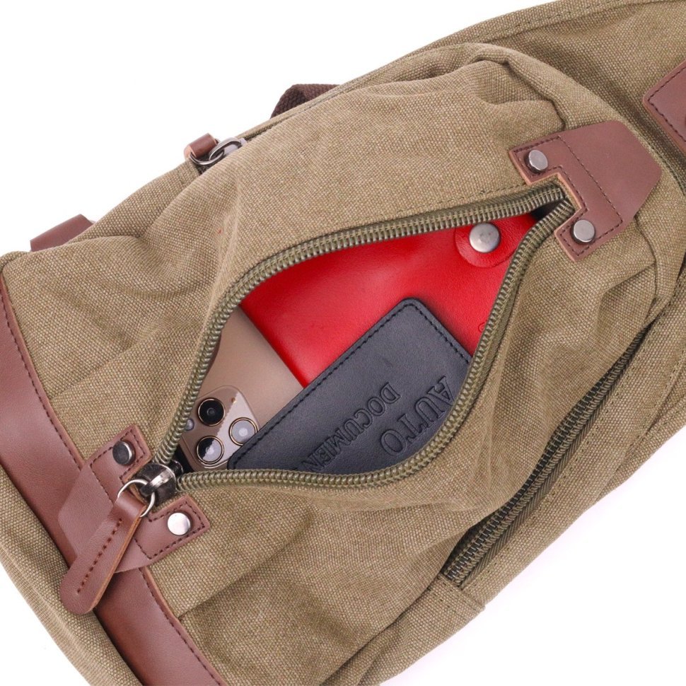 Оливковая мужская сумка-слинг через плечо из текстиля Vintage (2421254)