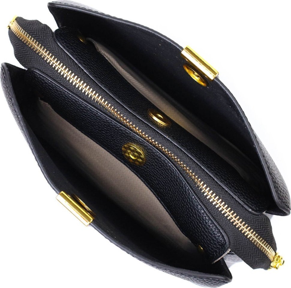 Женская сумка-кроссбоди на три отделения из натуральной кожи черного цвета Vintage (2422107)
