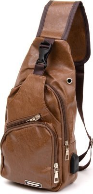 Практична чоловіча сумка-рюкзак через плече з рудого шкірозамінника Vintage (20570)