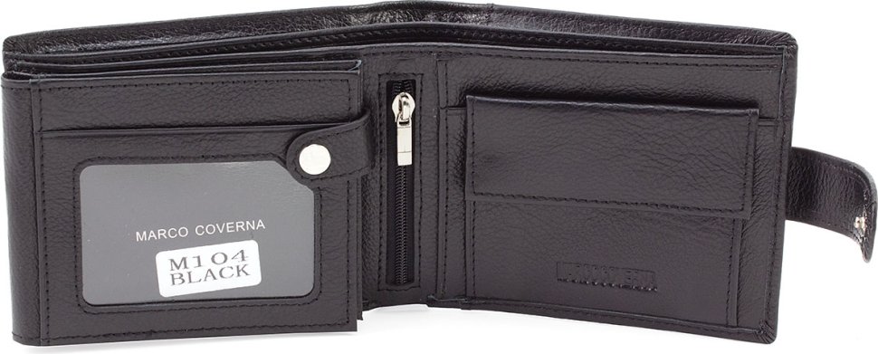 Функциональное мужское портмоне из зернистой кожи черного цвета на кнопке Marco Coverna (21595)