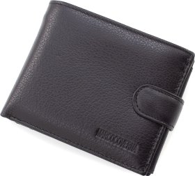 Функциональное мужское портмоне из зернистой кожи черного цвета на кнопке Marco Coverna (21595)