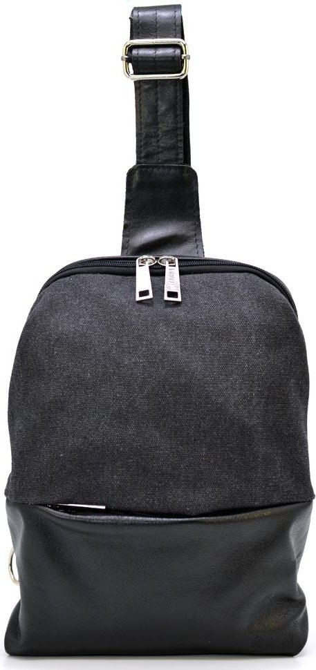 Мужская сумка-слинг из кожи и текстиля в черном-зеленом цвете TARWA (21696)