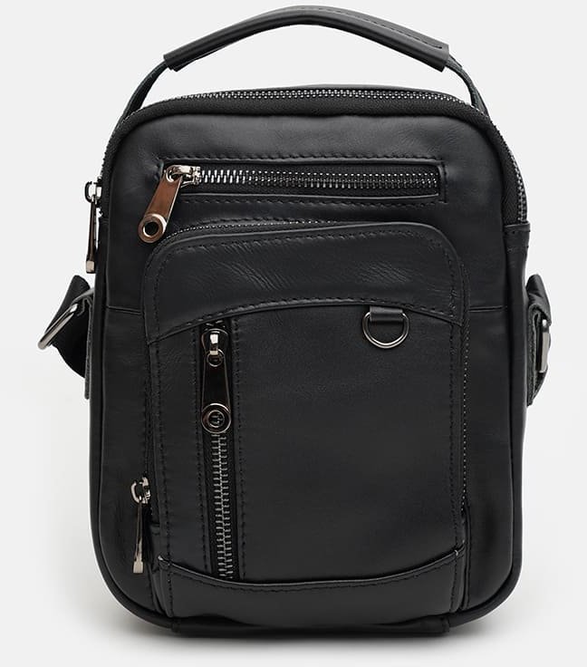 Гладкая мужская кожаная сумка-барсетка черного цвета на две молнии Keizer (22070)