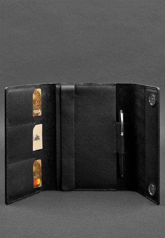 Кожаный блокнот (Софт-бук) в угольно-черном цвете с ручкой в комплекте - BlankNote (42060)