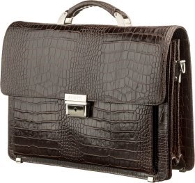 Коричневый кожаный мужской деловой портфель с тиснением под крокодила KARYA (2417270)