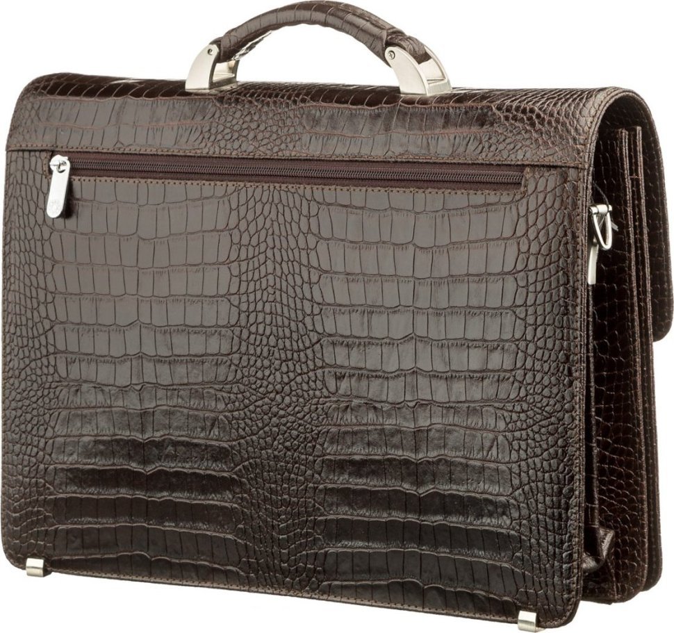 Коричневый кожаный мужской деловой портфель с тиснением под крокодила KARYA (2417270)