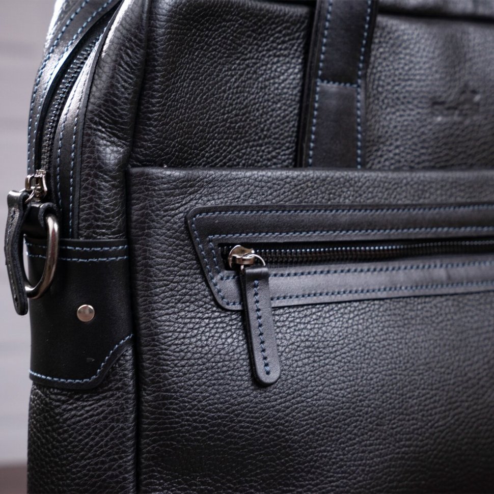 Черная мужская сумка для ноутбука из фактурной кожи на молниевой застежке SHVIGEL (11110)